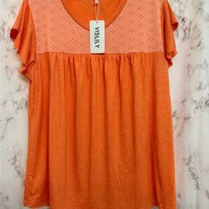 Vislily Orange Eyelet Yoke Short Sleeve Tee